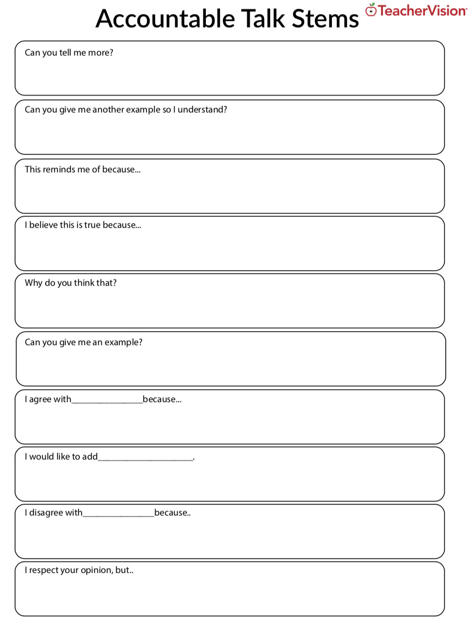 Accountable Talk Stems to support students to develop strong oral communication skills 