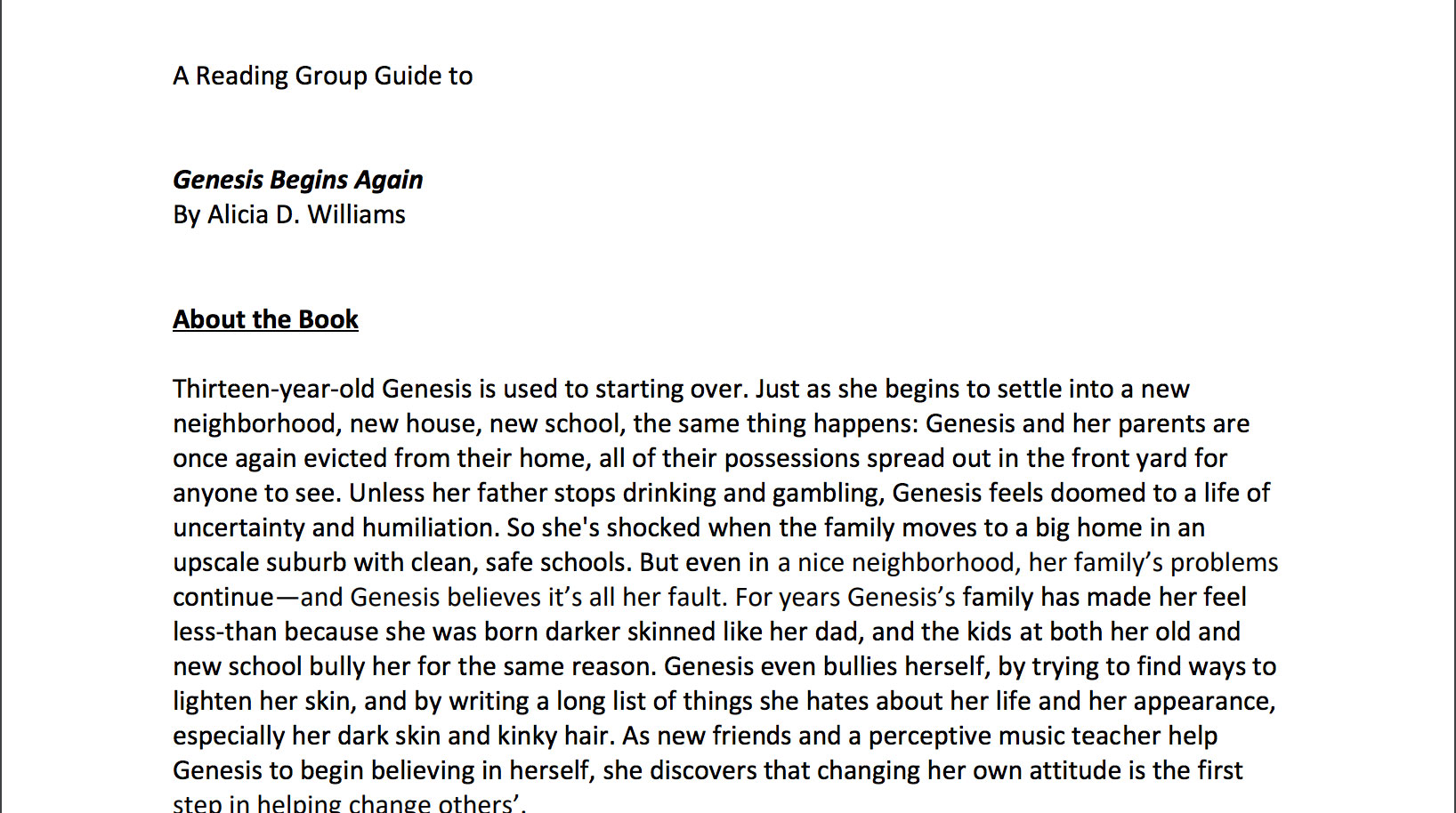 Genesis Begins Again Reading Guide